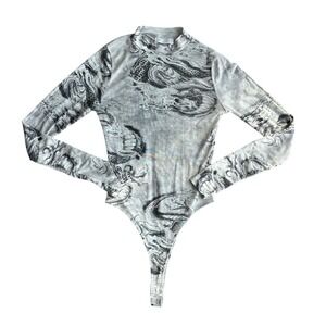 Vintage y2k Gray Dragon Water Print sheer longsleeve‎ Bodysuit small